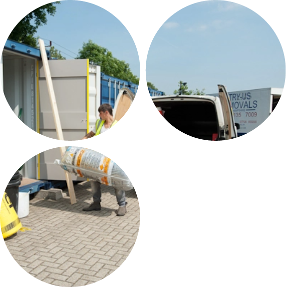 An image collage features three circular views: the top-left shows a worker with a wooden plank near a blue storage container; the top-right shows the open back of a Sentry-Us Removals van; and the bottom-left shows a person moving a large, wrapped item near a container.