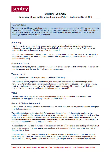 Aldershot Sentry Self Storage Insurance Policy