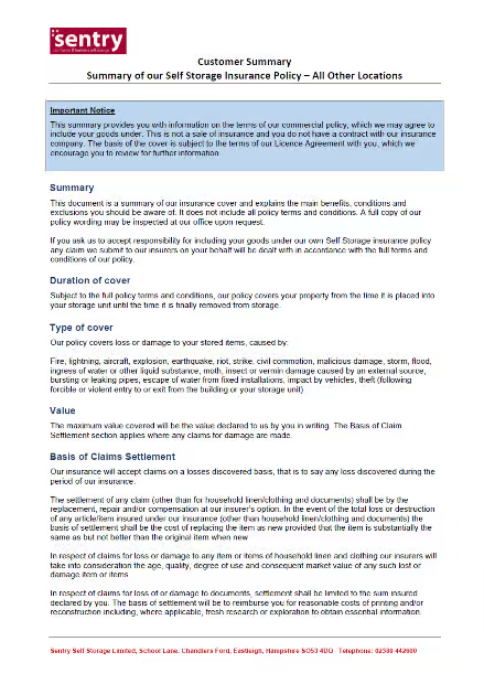 Sentry Self Storage Insurance Policy