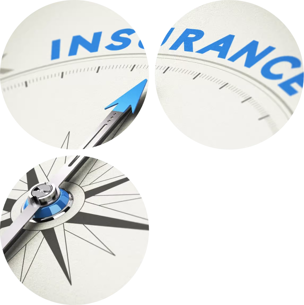 A composite image of a compass. The top two circles are close-ups of the compass face, with the blue needle pointing toward the word "INSURANCE." The bottom circle shows the entire compass rose with the blue needle. The images are slightly blurred at the edges, creating a sense of depth and focus.
